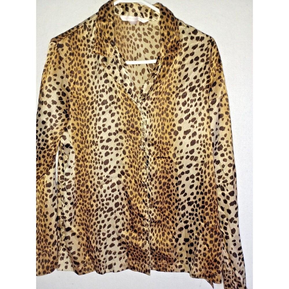 Victoria Secret Pajama Top Satin Sleep Shirt sz S Cheetah Animal Print Leopard